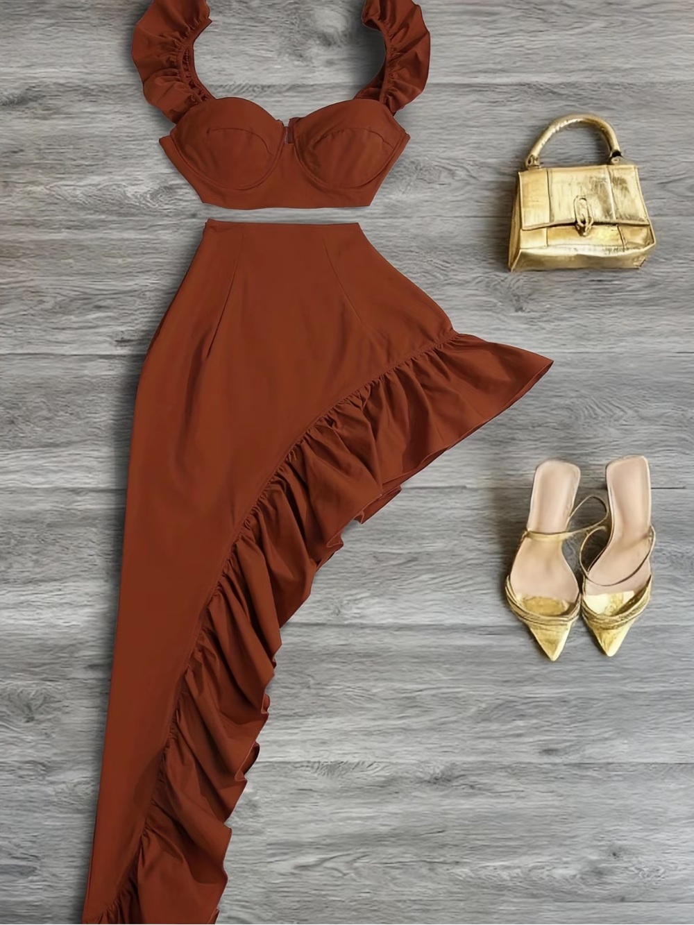 Origins Brown Two-Piece Ruffle Skirt Set